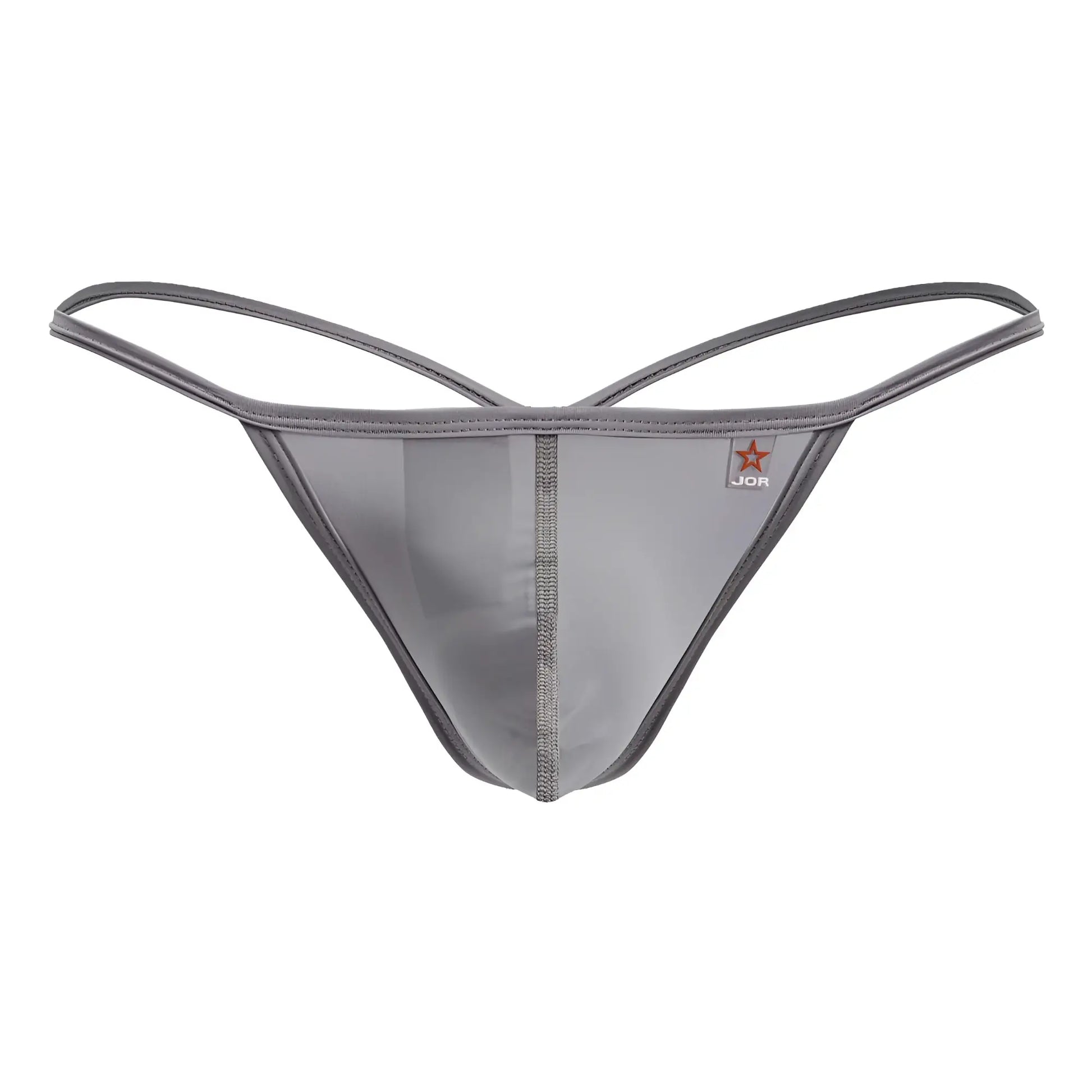 Gray jor 2258 axel g-string thong with sheer stretchy fabric and thin elastic straps shown from the back side