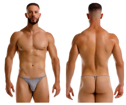 Gray jor 2258 axel g-string thong underwear with subtle pink logo on the left hip showing the back side