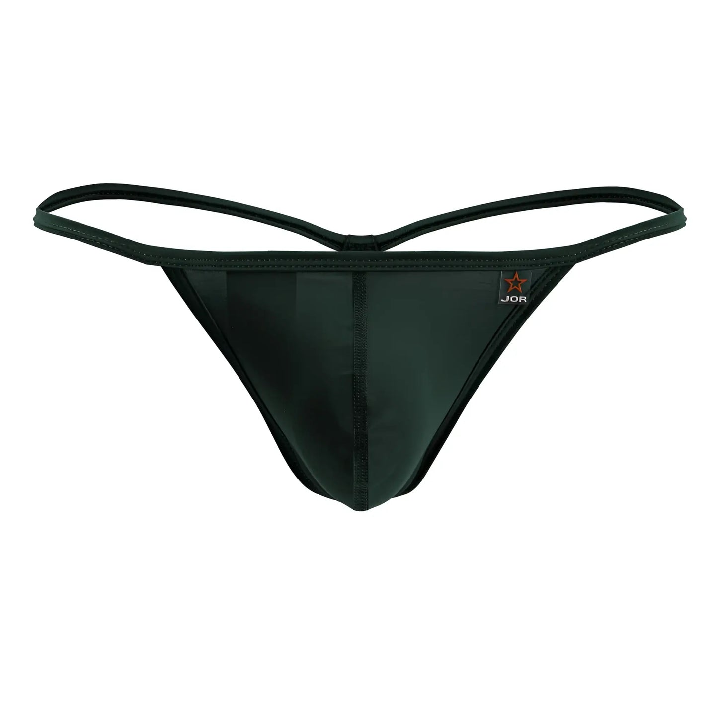 Black jor 2258 axel g-string thong in glossy green fabric with thin elastic straps shown from the back side
