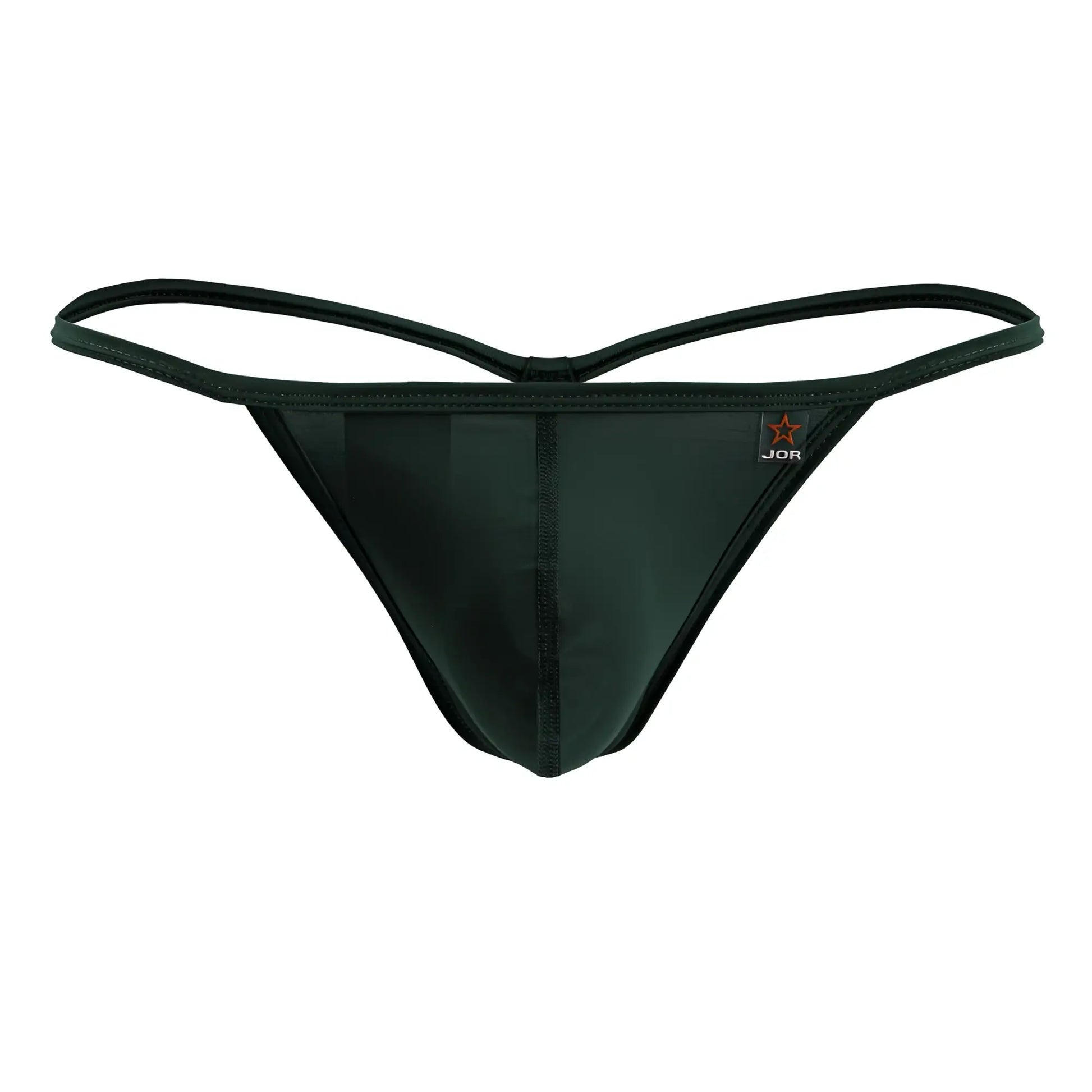 Black jor 2258 axel g-string thong in glossy green fabric with thin elastic straps shown from the back side