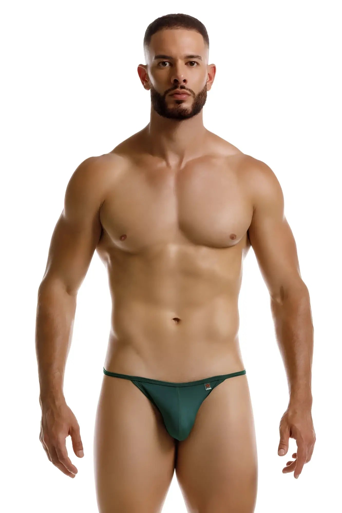 Dark green form-fitting jor 2258 axel g-string thong with small logo on the left hipband showing back side