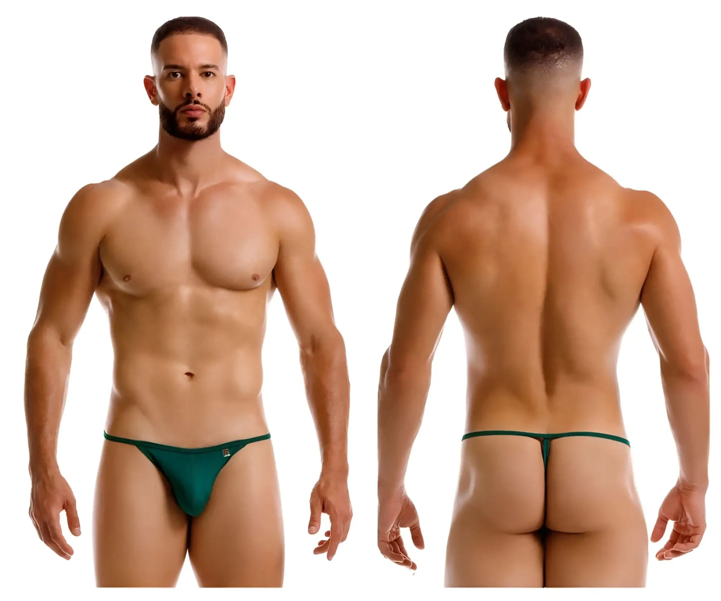 Dark green jor 2258 axel g-string thong with small logo on left hipband shown from back side