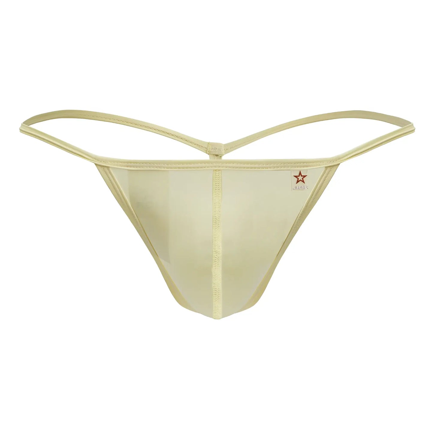 Sheer champagne-colored jor 2258 axel g-string made of smooth stretchy fabric with thin waistband straps and red star logo