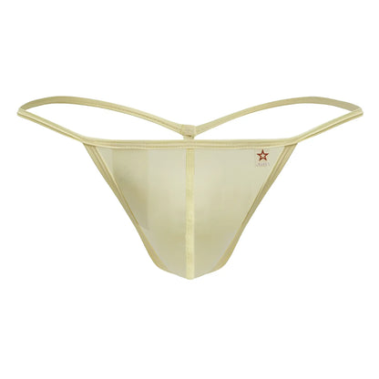 Sheer champagne-colored jor 2258 axel g-string made of smooth stretchy fabric with thin waistband straps and red star logo
