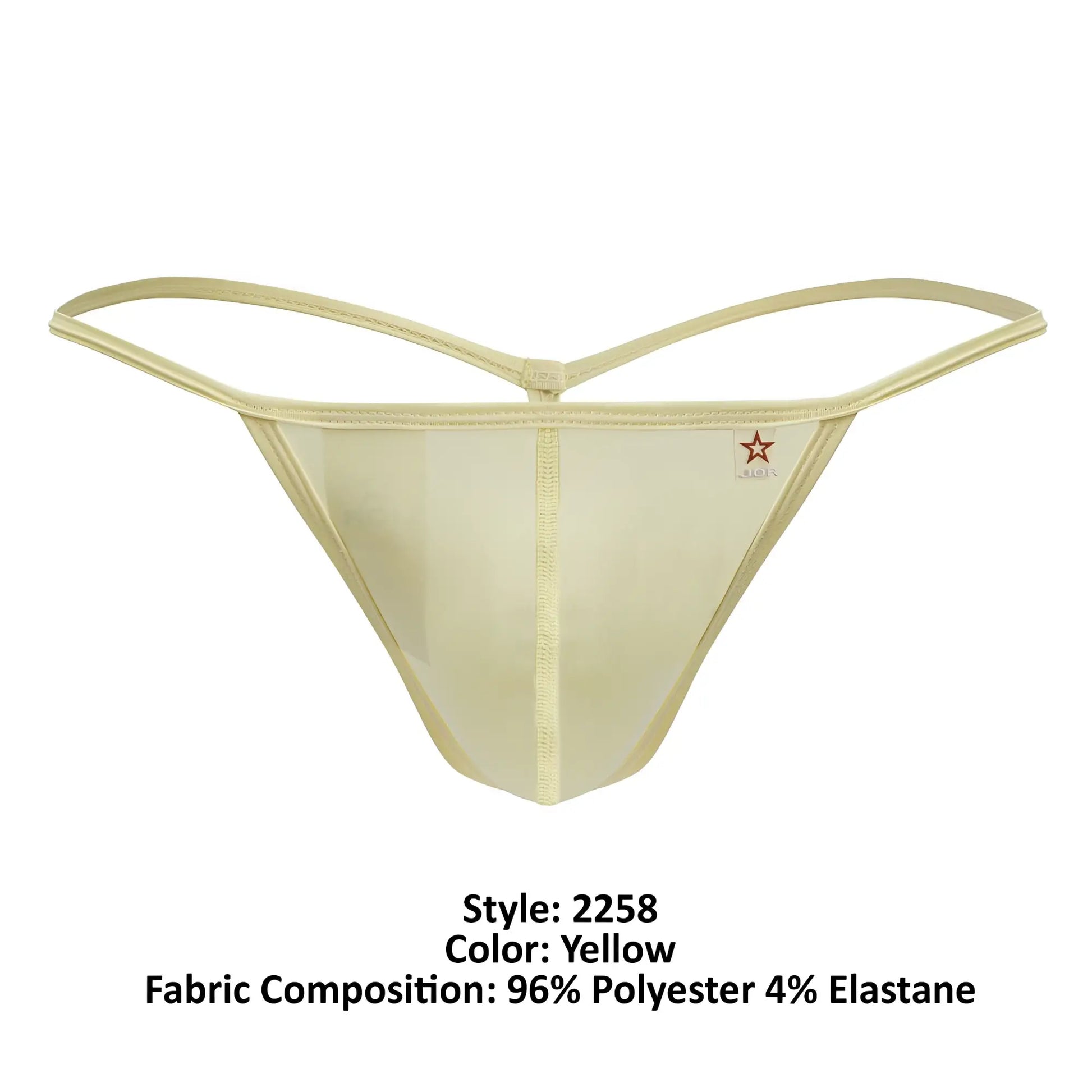 Yellow JOR 2258 Axel G-string thong with thin shiny elastic straps and sheer mesh front panel