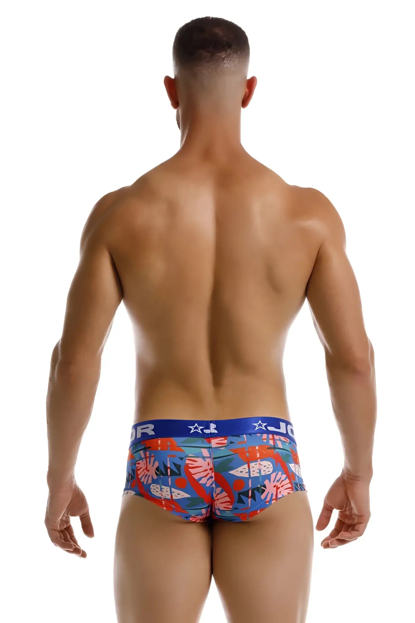 Men’s briefs jor 2269 south trunks in blue and red tropical fish print with branded waistband