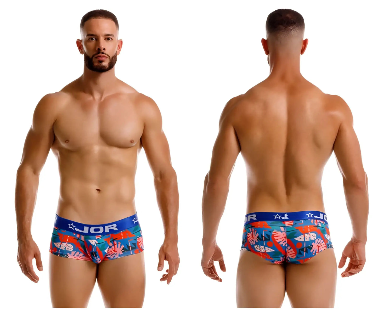 Blue and red tropical print jor 2269 south trunks men’s briefs with star logo on waistband front view