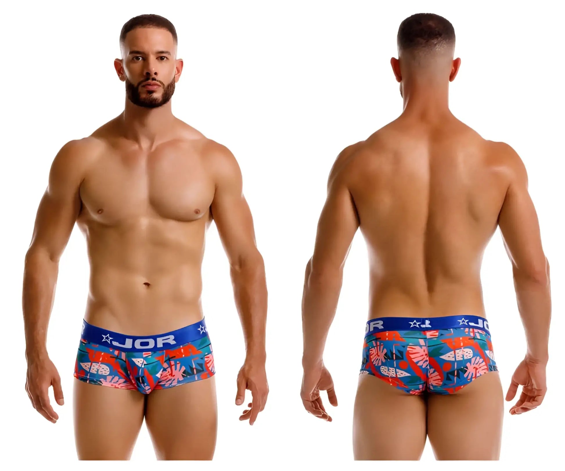 Blue and red tropical print jor 2269 south trunks men’s briefs with star logo on waistband front view