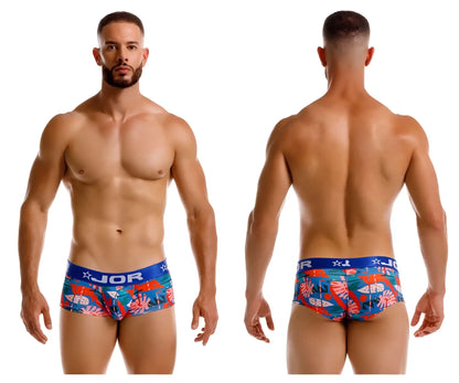 Blue and red tropical print jor 2269 south trunks men’s briefs with star logo on waistband front view