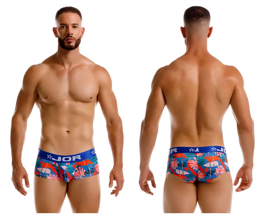 Blue and red tropical print jor 2269 south trunks men’s briefs with star logo on waistband front view