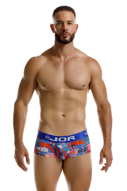Blue and red tropical print briefs with jor branding on the waistband from jor 2269 south trunks color printed collection
