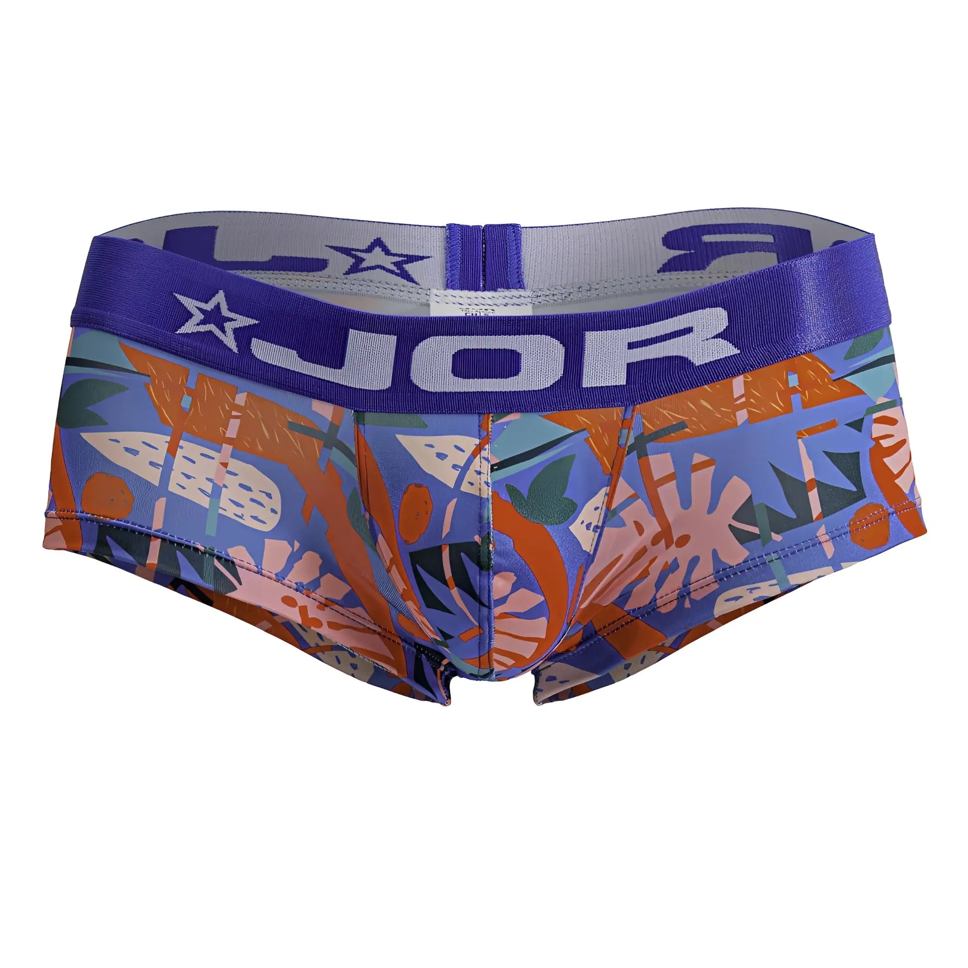 Jor 2269 south trunks color printed purple and blue patterned men’s briefs with tropical leaf and star designs