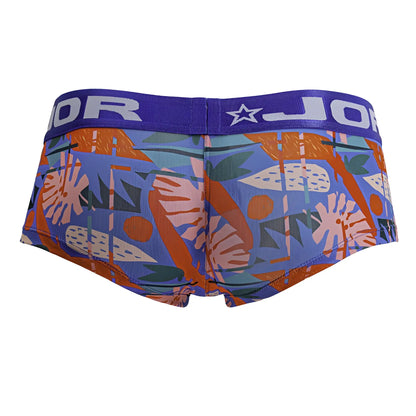 Purple and orange tropical leaf-patterned men’s briefs with branded elastic waistband jor 2269 south trunks color printed