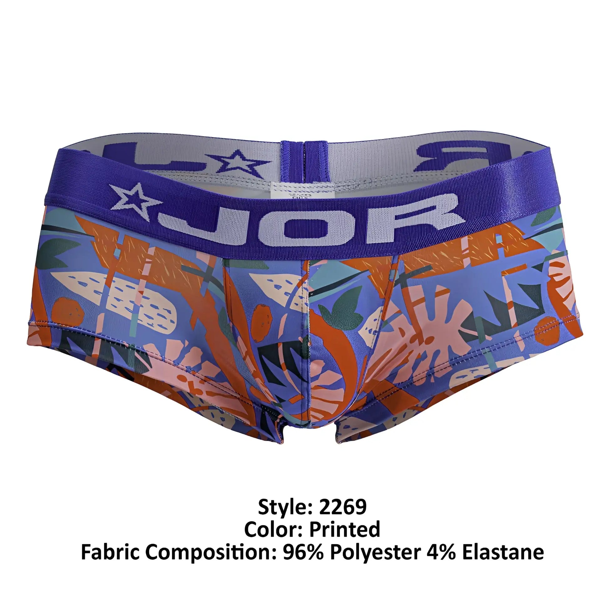 Vibrant printed briefs in blue orange and green tropical leaf pattern with purple jor waistband from jor 2269 south trunks color printed