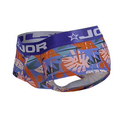 Vibrant tropical-patterned jor 2269 south trunks men’s briefs in blue orange and green with purple waistband logo
