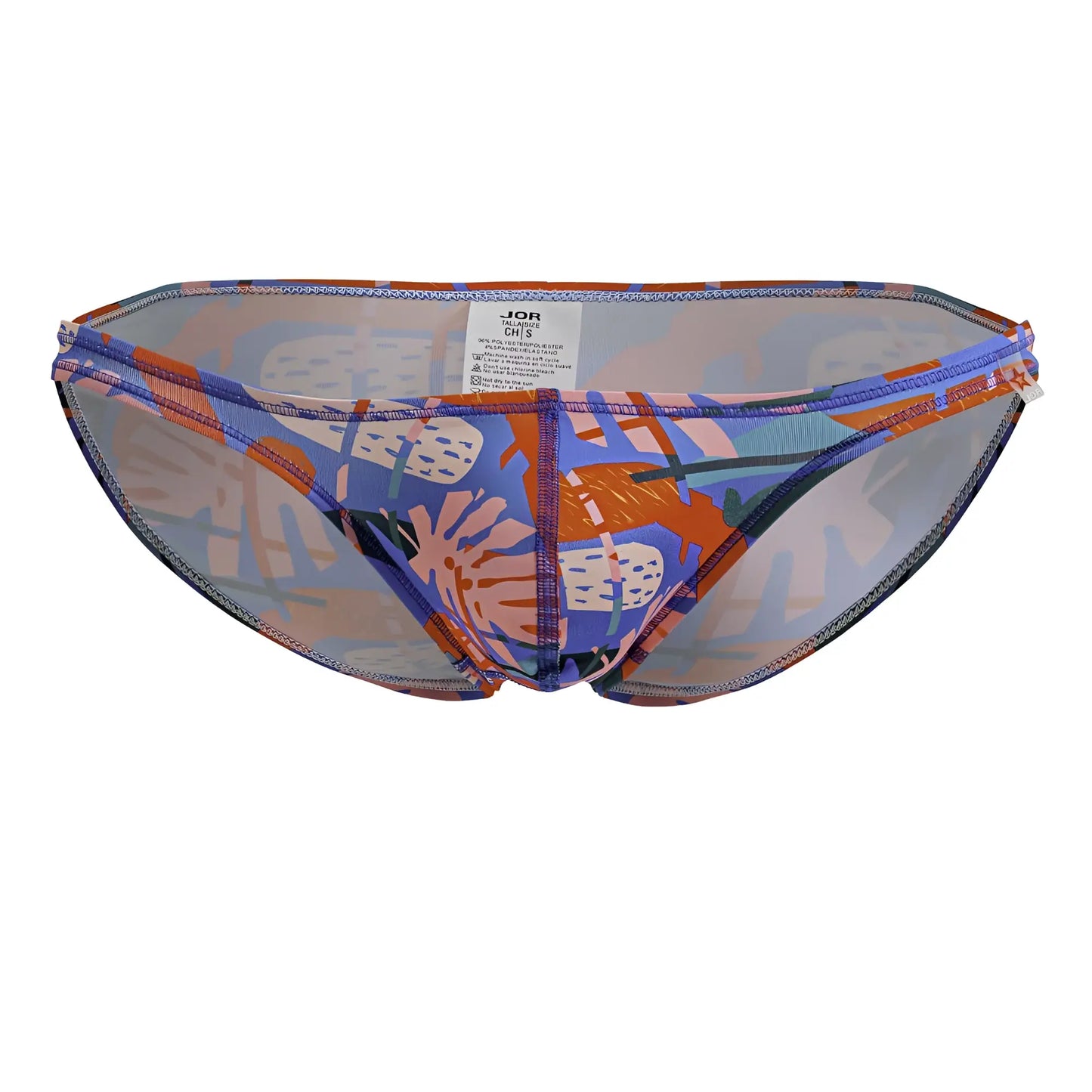 Blue and orange abstract patterned jor 2270 south bikini bottom with sheer mesh panels front view
