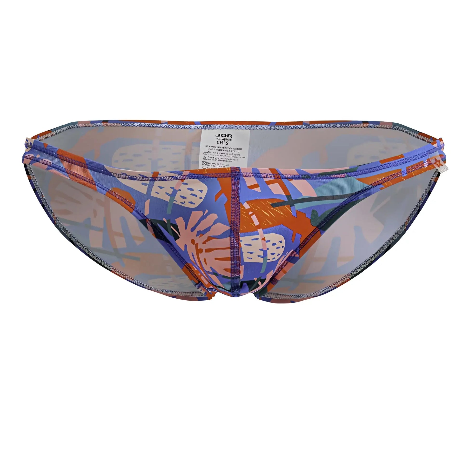 Blue and orange abstract patterned jor 2270 south bikini bottom with sheer mesh panels front view