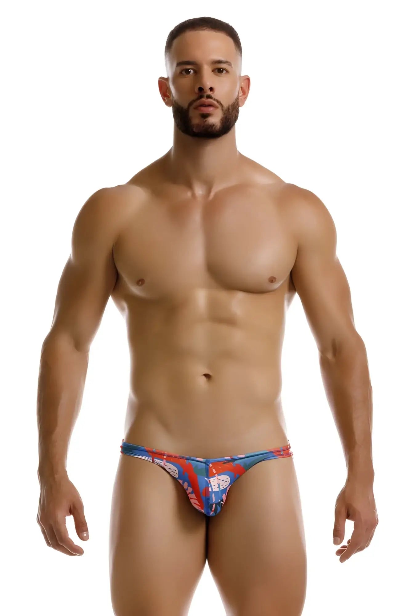 Blue and red patterned men’s thong with bold graphic design jor 2270 south bikini color printed front view