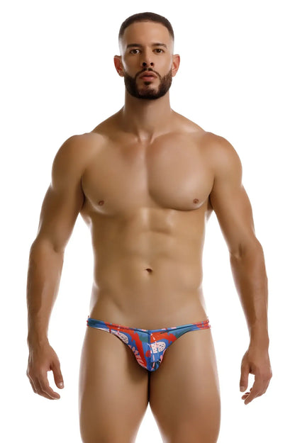 Blue and red patterned men’s thong with bold graphic design jor 2270 south bikini color printed front view