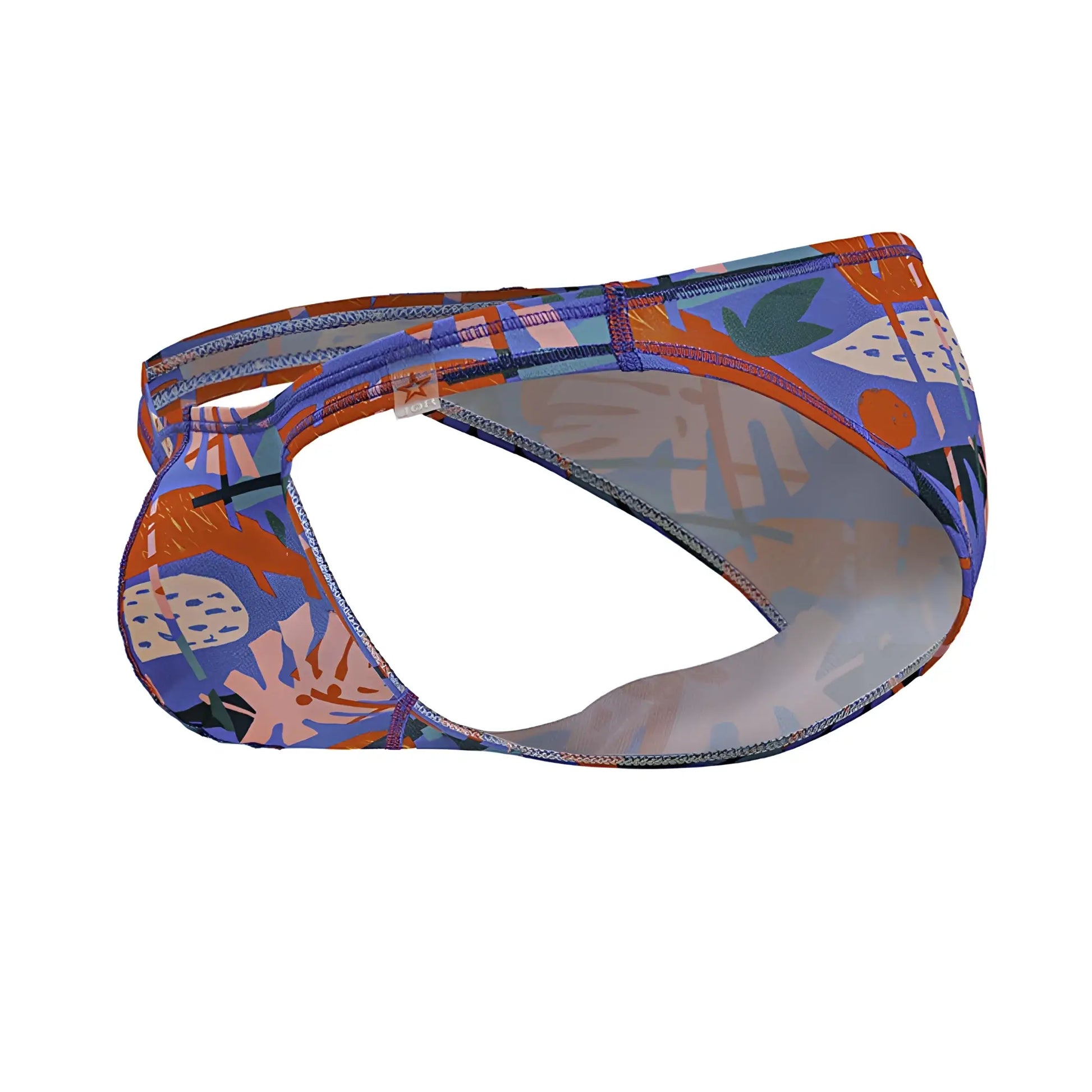 Jor 2270 South Bikini color printed vibrant blue and orange tropical leaf-patterned swim trunks with abstract design