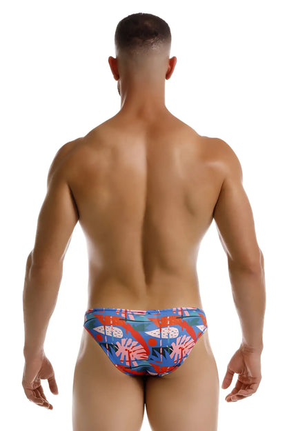 Jor 2270 south bikini color printed swim trunks with vibrant blue and red tropical leaf pattern for beachwear