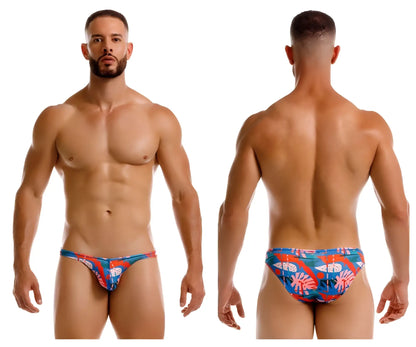 Vibrant blue and red tropical print swim trunks with bold patterns from jor 2270 south bikini color printed collection