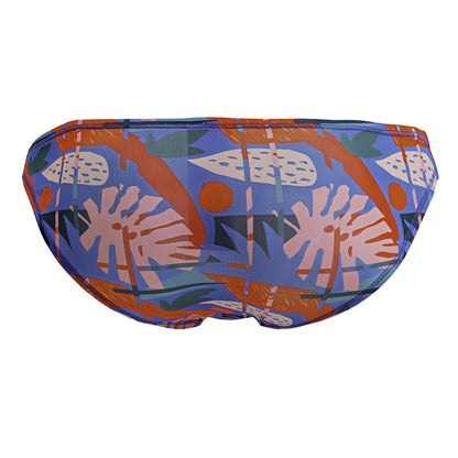 Jor 2270 south bikini color printed vibrant blue swim trunks with bold orange pink and green tropical leaf pattern