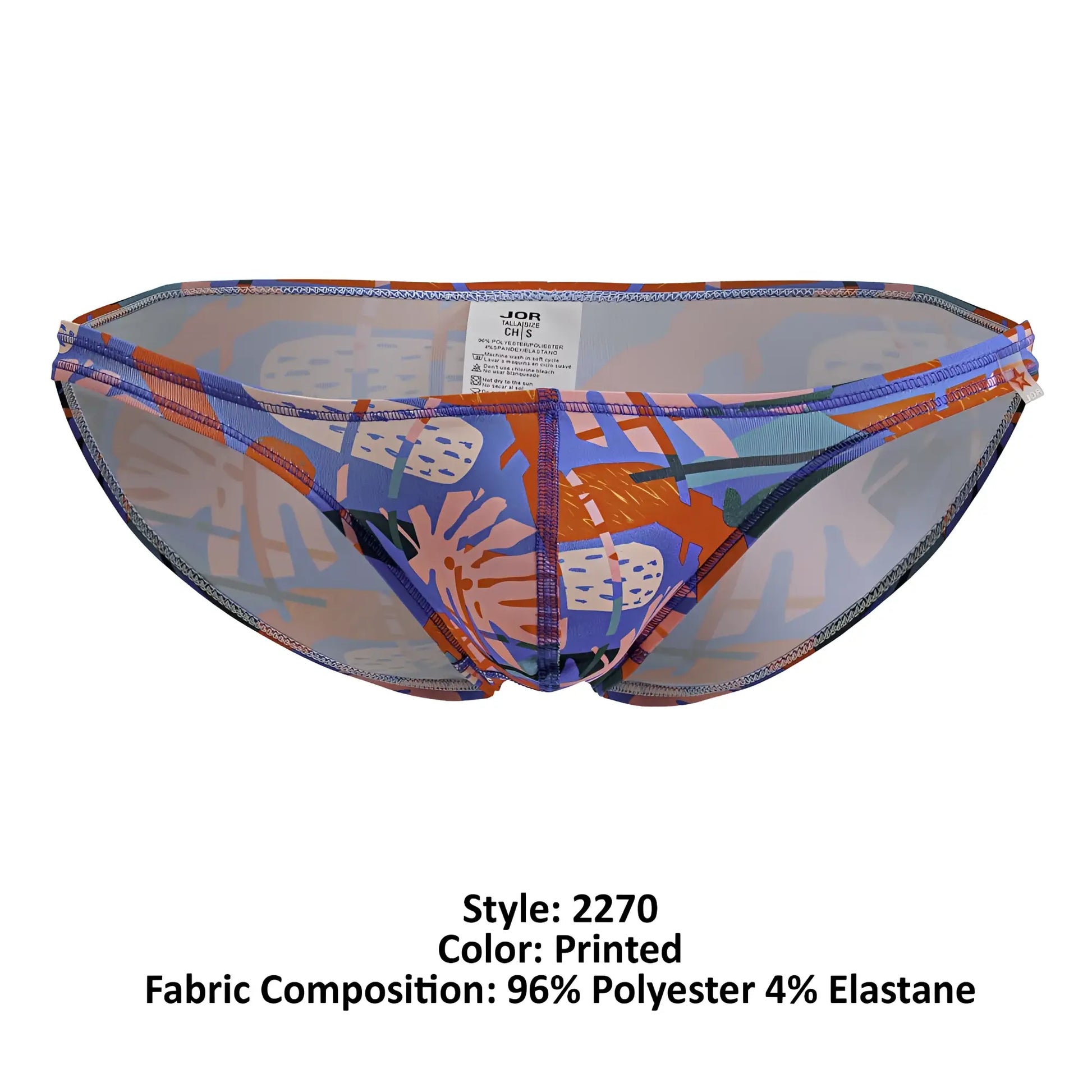 Jor 2270 south bikini color printed vibrant men’s brief with bold blue orange pink abstract pattern on sheer mesh base