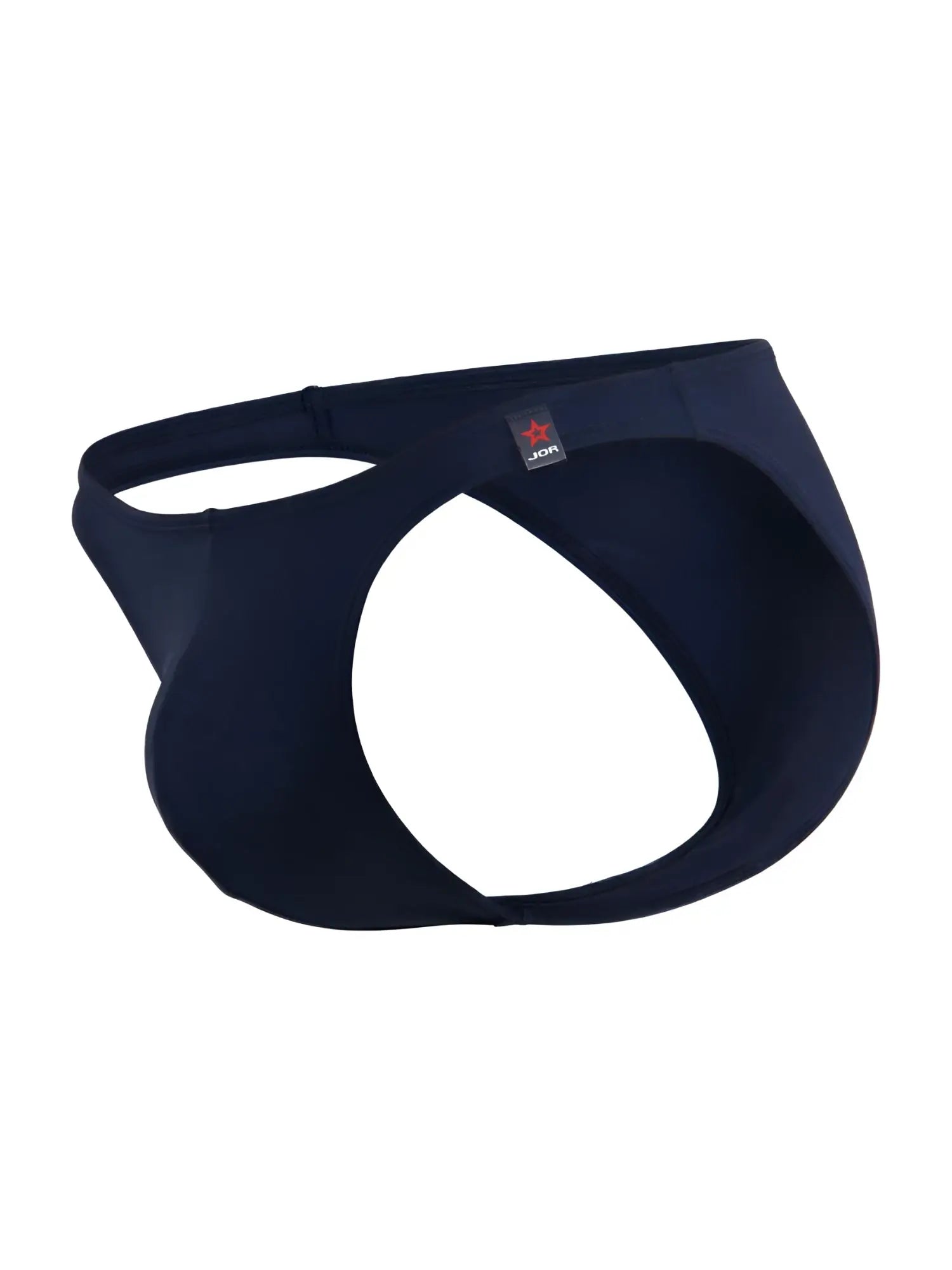 Dark navy blue jon underwear with sleek form-fitting design and red star logo on waistband for travel swimwear