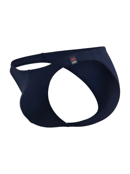 Dark navy blue jon underwear with sleek form-fitting design and red star logo on waistband for travel swimwear