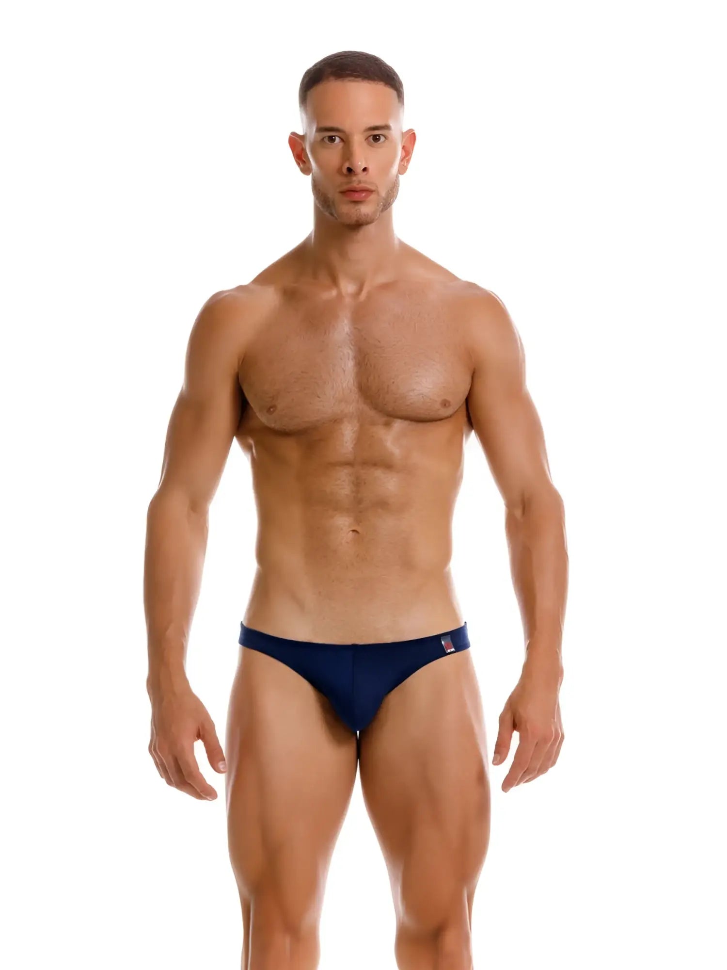 Navy blue swim bikini briefs with a small logo on the waistband designed for travel by jor 2273