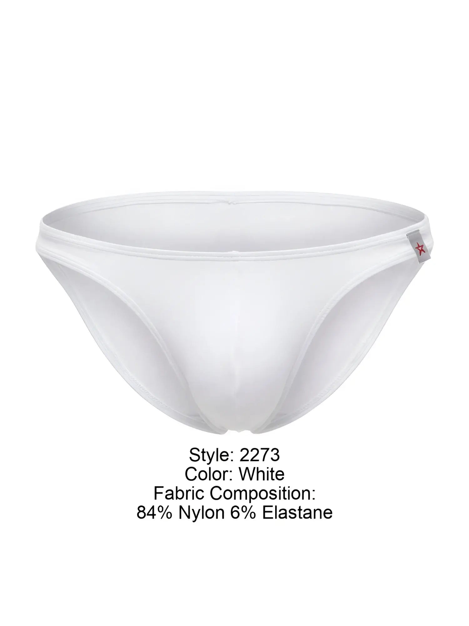 White men’s briefs jor 2273 travel swim bikini in white made of 84 nylon 6 elastane with red star logo on waistband