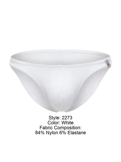 White men’s briefs jor 2273 travel swim bikini in white made of 84 nylon 6 elastane with red star logo on waistband