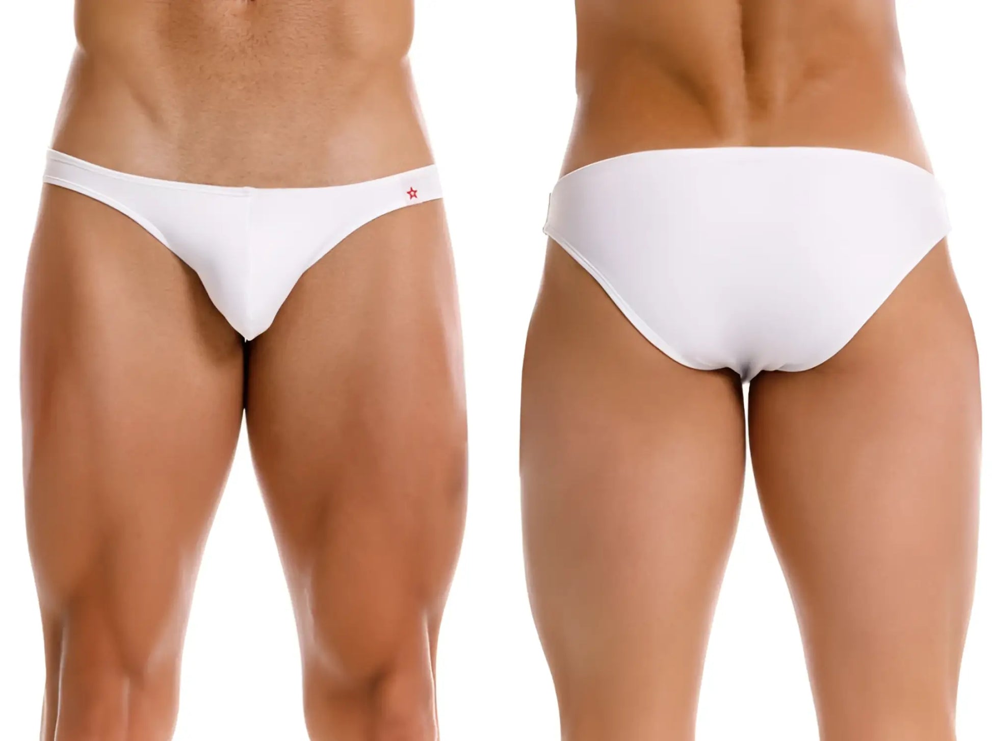 White jor 2273 travel swim bikini briefs with a small red star logo on the waistband for swimming and travel
