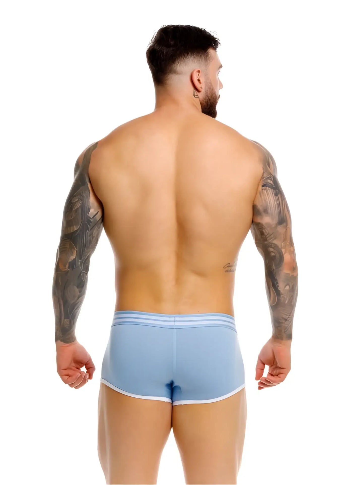 Light blue JOR 2320 College trunks athletic briefs with white trim and three horizontal stripes at the waistband
