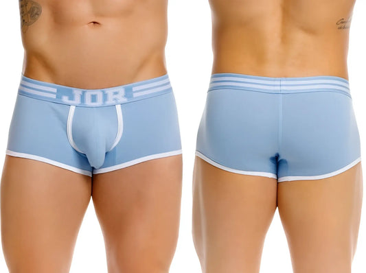 Light blue jor 2320 college trunks men’s briefs with white trim and three horizontal stripes on waistband
