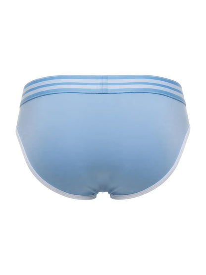 Light blue jor 2321 college briefs with white trim and three horizontal stripes on the waistband