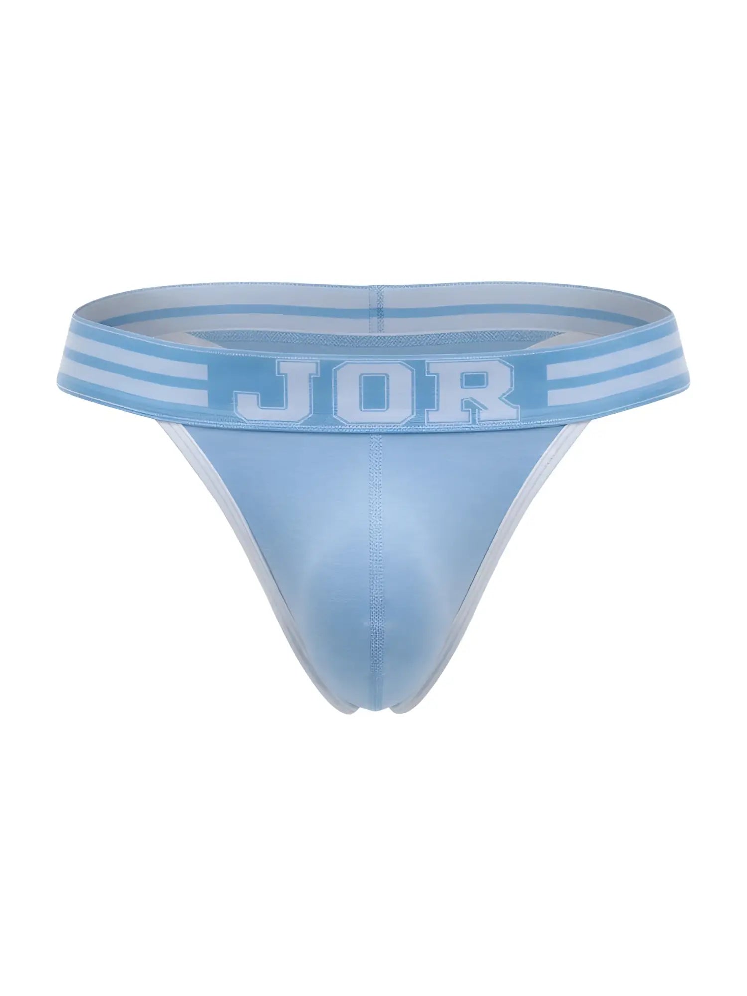 Light blue jor 2323 college thong with matching waistband featuring white lettering and horizontal stripes from the back side