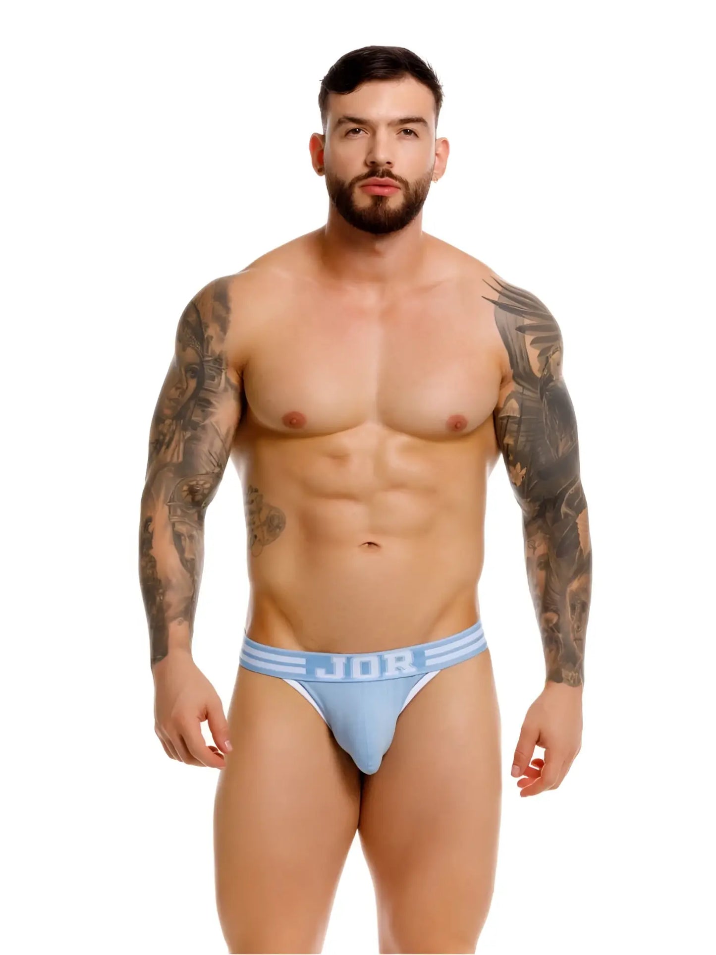 Light blue jor 2323 college briefs with white stripes and bold logo on waistband front view