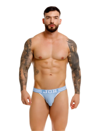 Light blue jor 2323 college briefs with white stripes and bold logo on waistband front view