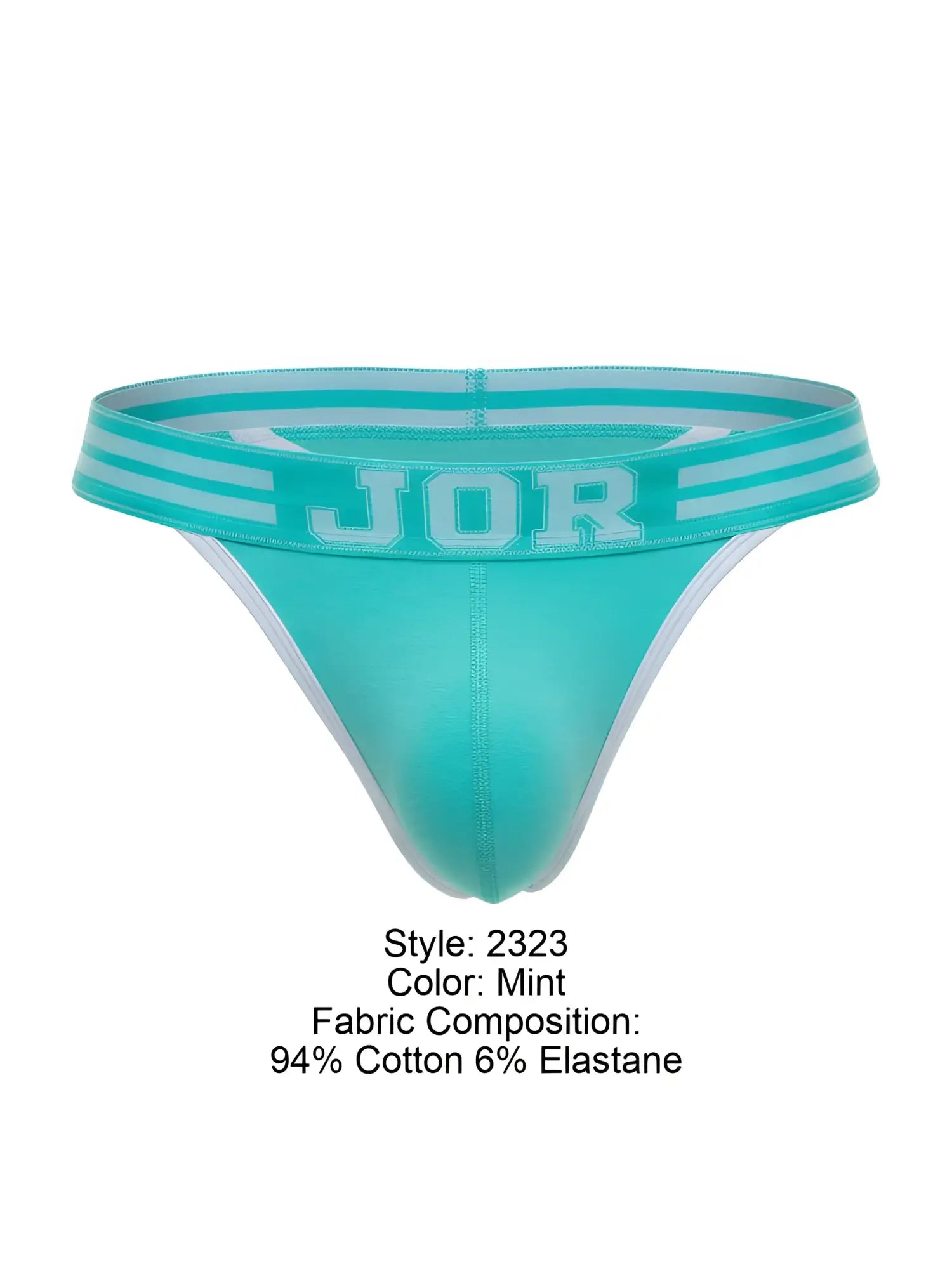 Mint-colored jor 2323 college thong with white trimmed waistband featuring bold jor logo on front side