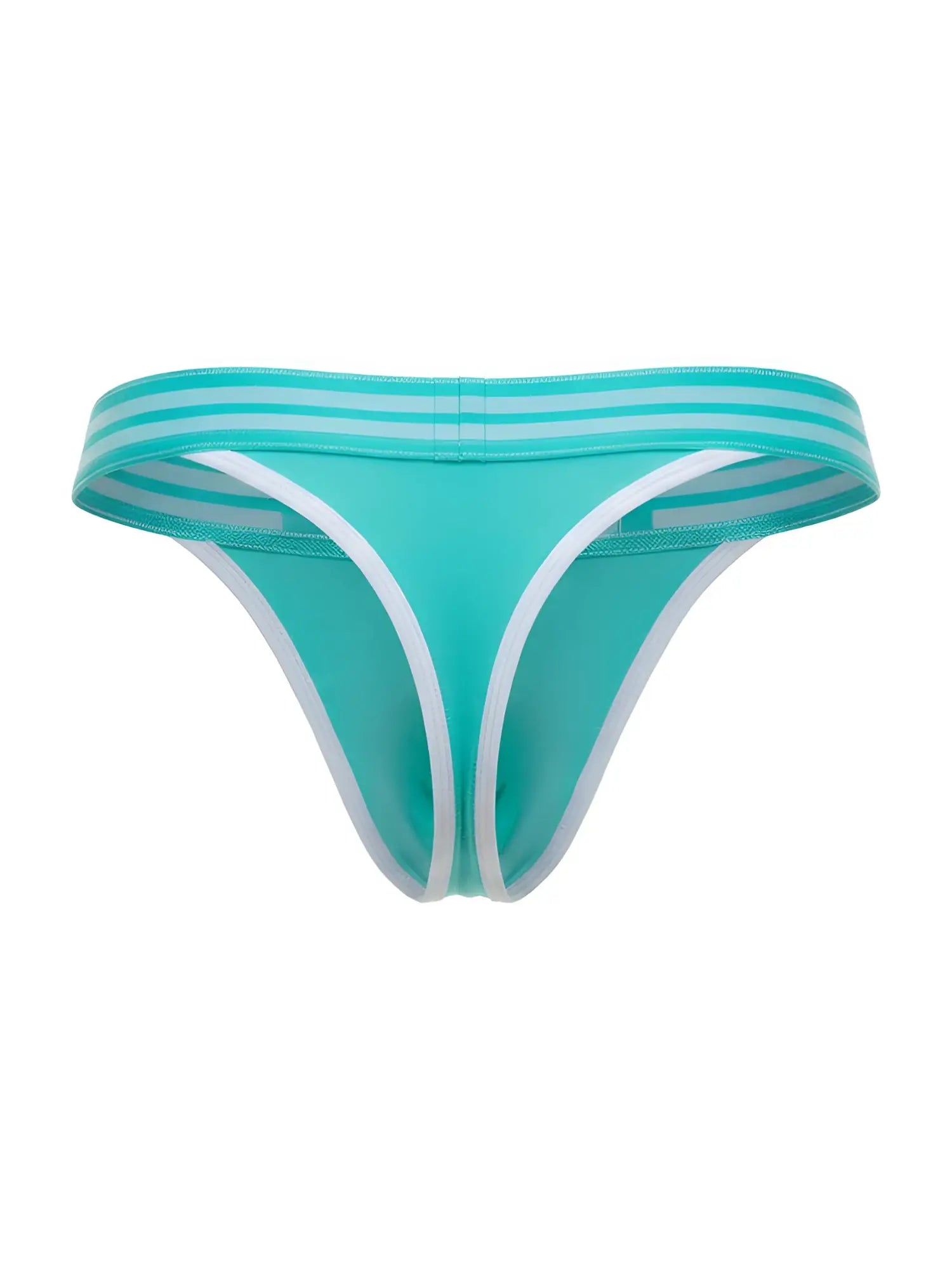 A turquoise jor 2323 college thong with white trim and a striped waistband shown from the back side