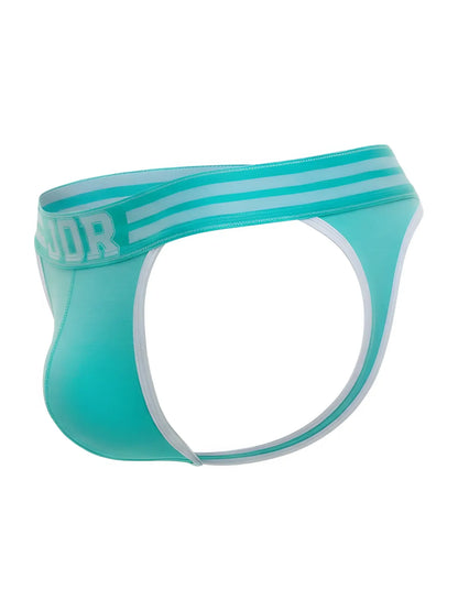 Turquoise and white striped jor 2323 college men’s briefs with branded waistband in mint color front view