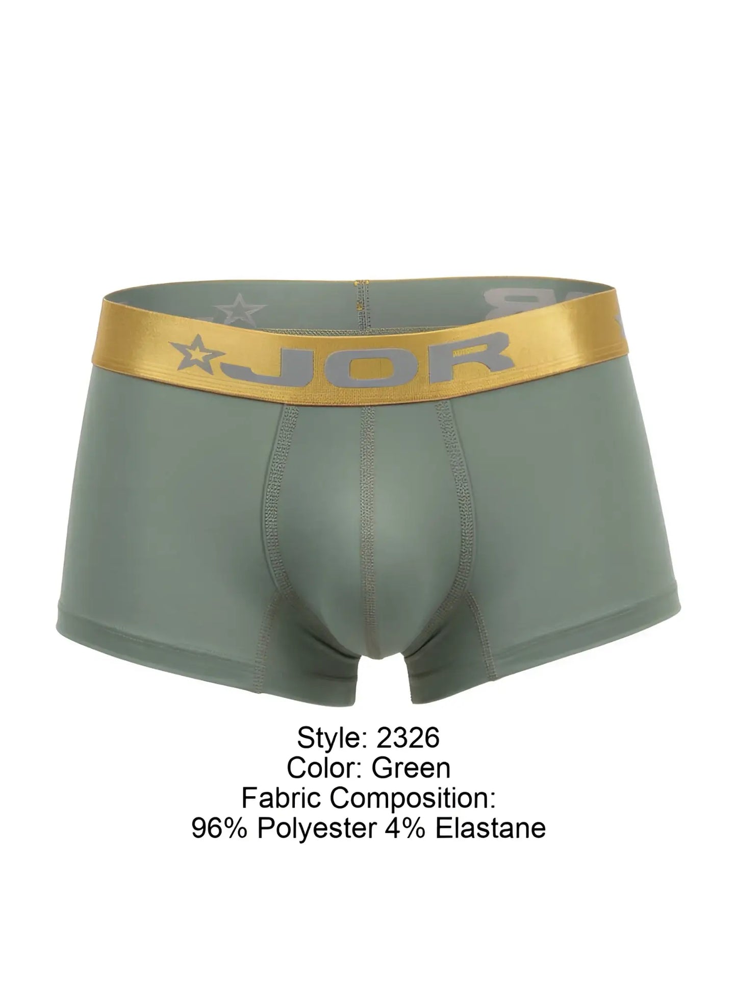 Green jor 2326 soho trunks boxer briefs with gold waistband featuring brand logo and star motifs