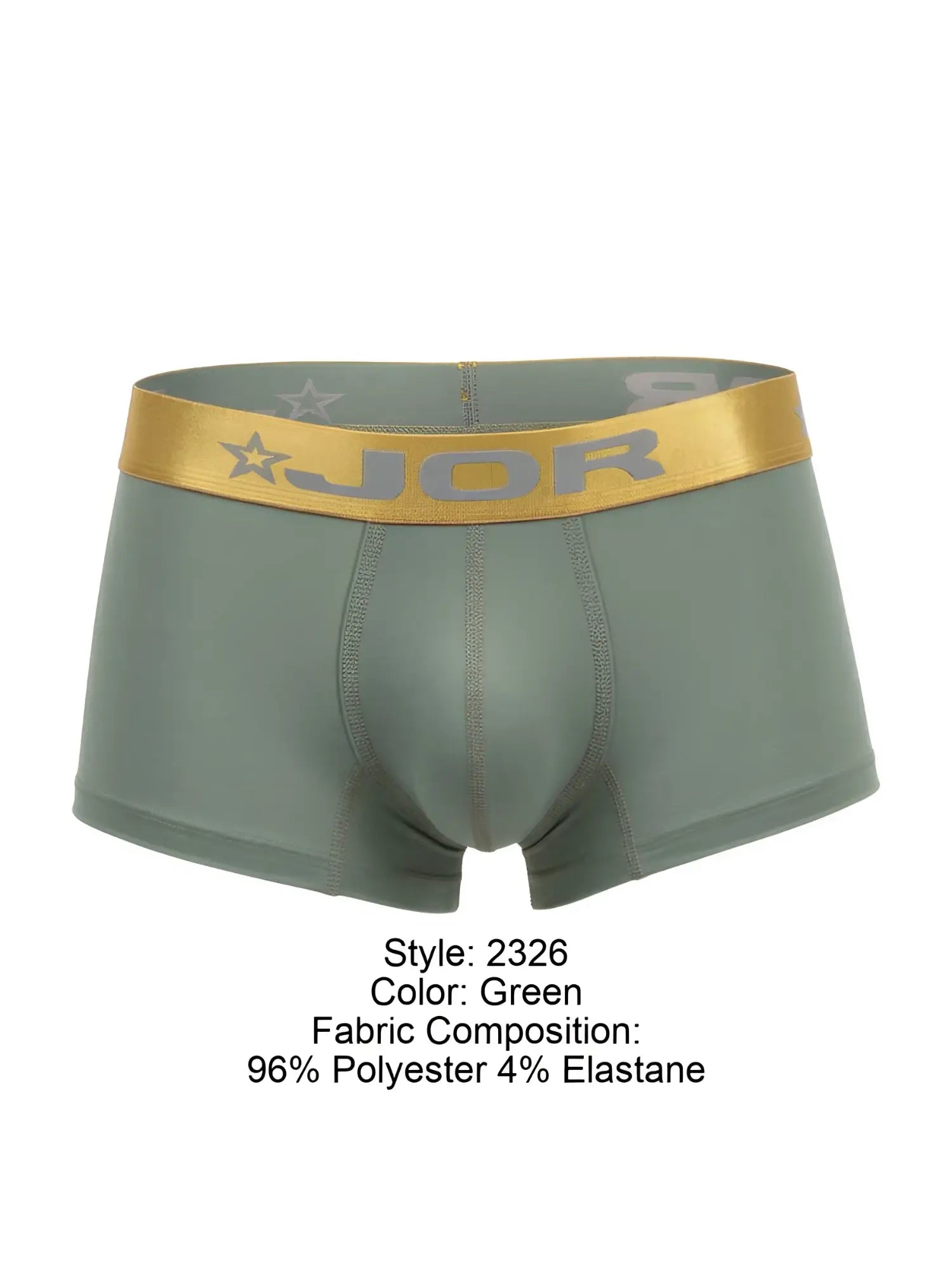 Green jor 2326 soho trunks boxer briefs with gold waistband featuring brand logo and star motifs
