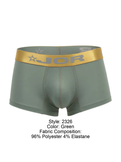 Green jor 2326 soho trunks boxer briefs with gold waistband featuring brand logo and star motifs