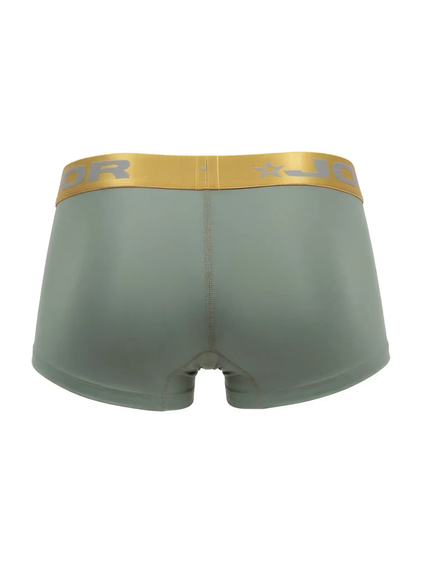 Olive green jor 2326 soho trunks boxer briefs with gold waistband and gray brand logo lettering on front