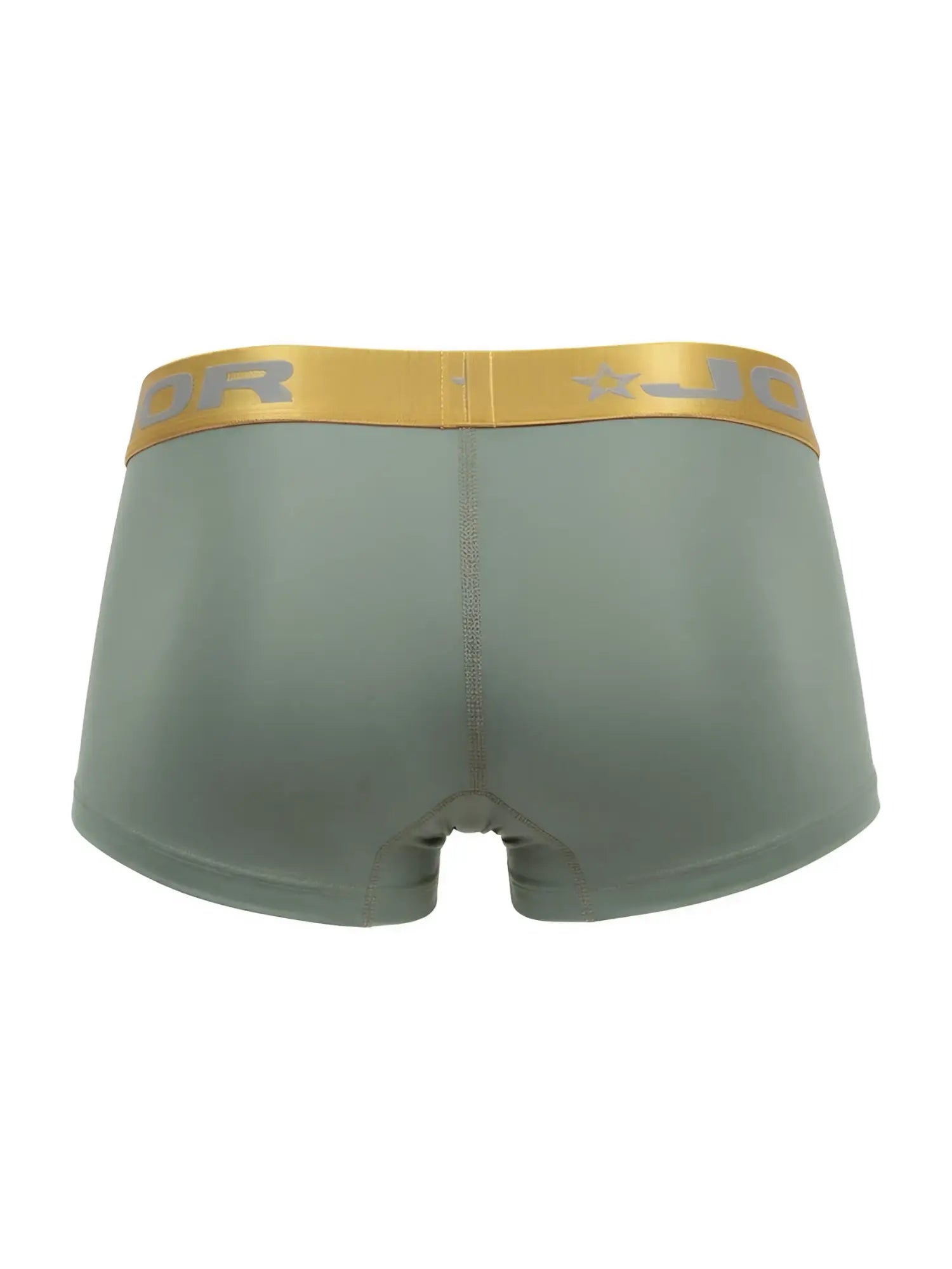 Olive green jor 2326 soho trunks boxer briefs with gold waistband and gray brand logo lettering on front