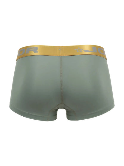 Olive green jor 2326 soho trunks boxer briefs with gold waistband and gray brand logo lettering on front