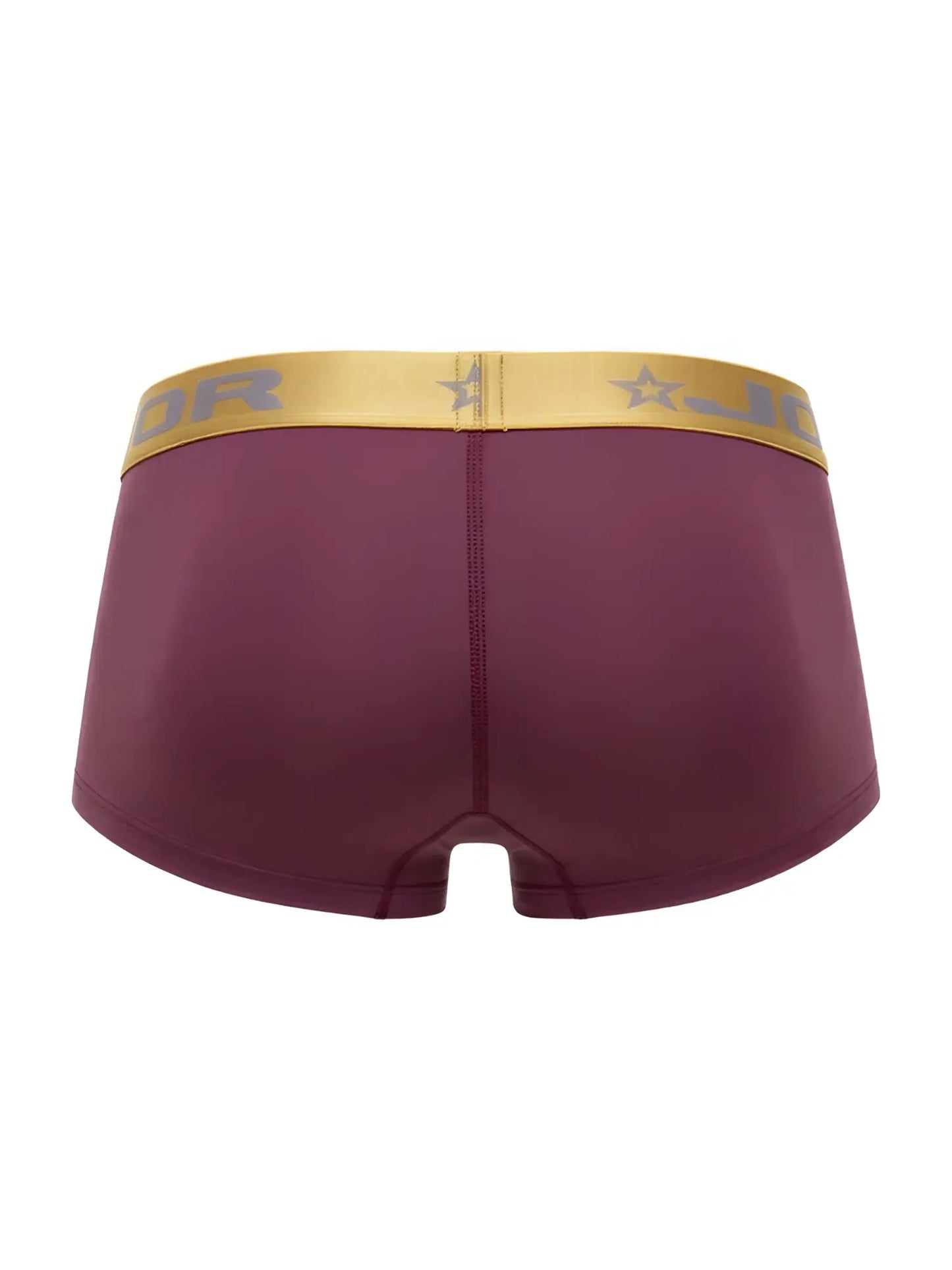 Maroon jor 2326 soho trunks boxer briefs with gold waistband featuring jor logo and star motifs